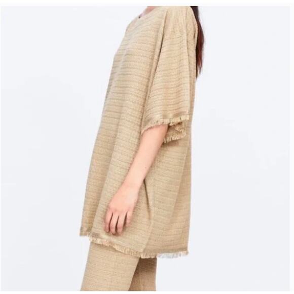 Zara Women's Gold Metallic Fringe Trim Tunic Top in Tan Camel sz L - Picture 2 of 8